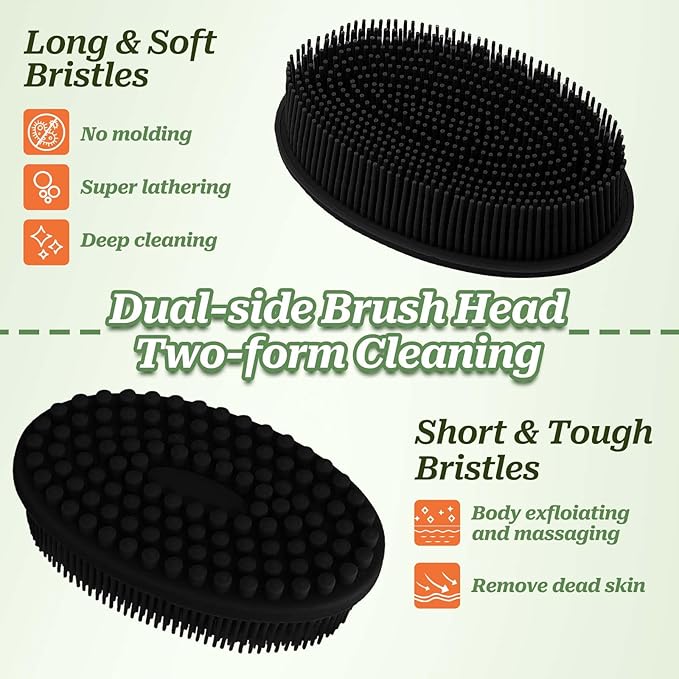 Soft Silicone Body Scrubber 2PCS, Dual-Side Silicone Loofah for Shower, Gentle Loofa Alternative, Replaceable Brush Head to be Used Alone or with Long Handle (Blackx2)