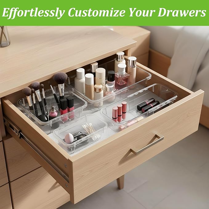 15-Piece Extendable Drawer Organizer Set, 2-Size Adjustable Clear Plastic Storage Bins for Bathroom Vanity, Makeup, Kitchen Utensils & Office Supplies