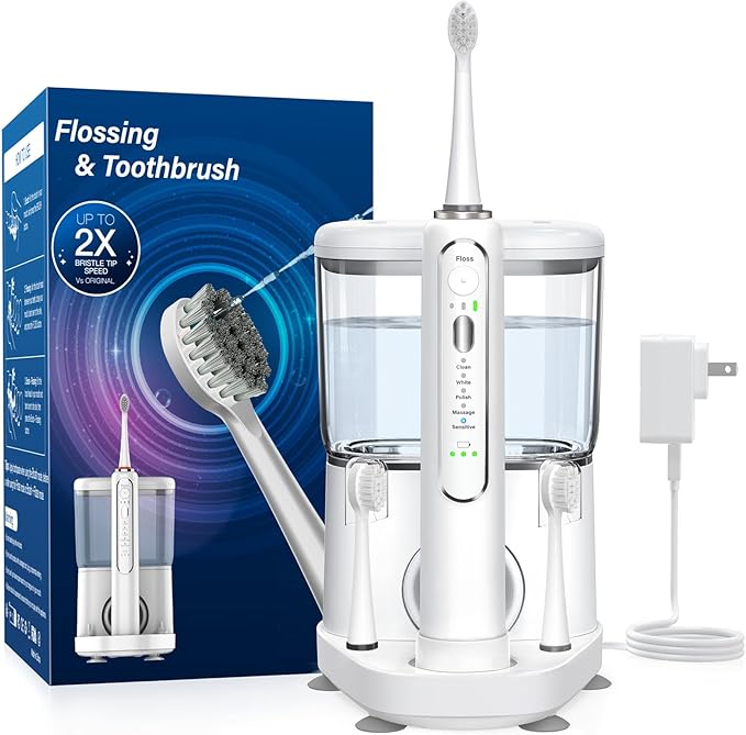 Electric Toothbrush with Water Flosser - Wireless Charging 3 in 1 Flossing Toothbrush - 500ML Professional Cordless Brush and Flosser in One - 5 Brush Modes & 3 Floss Speed (White)