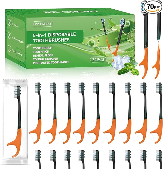 24Pack Disposable Toothbrush with Toothpaste All-in-One Oral Care Prepasted Individually Wrapped 5-in-1 Mini Toothbrush with Toothpick, Flosser, Tongue Cleaner, Perfect for Travel & On-The-Go (24P)