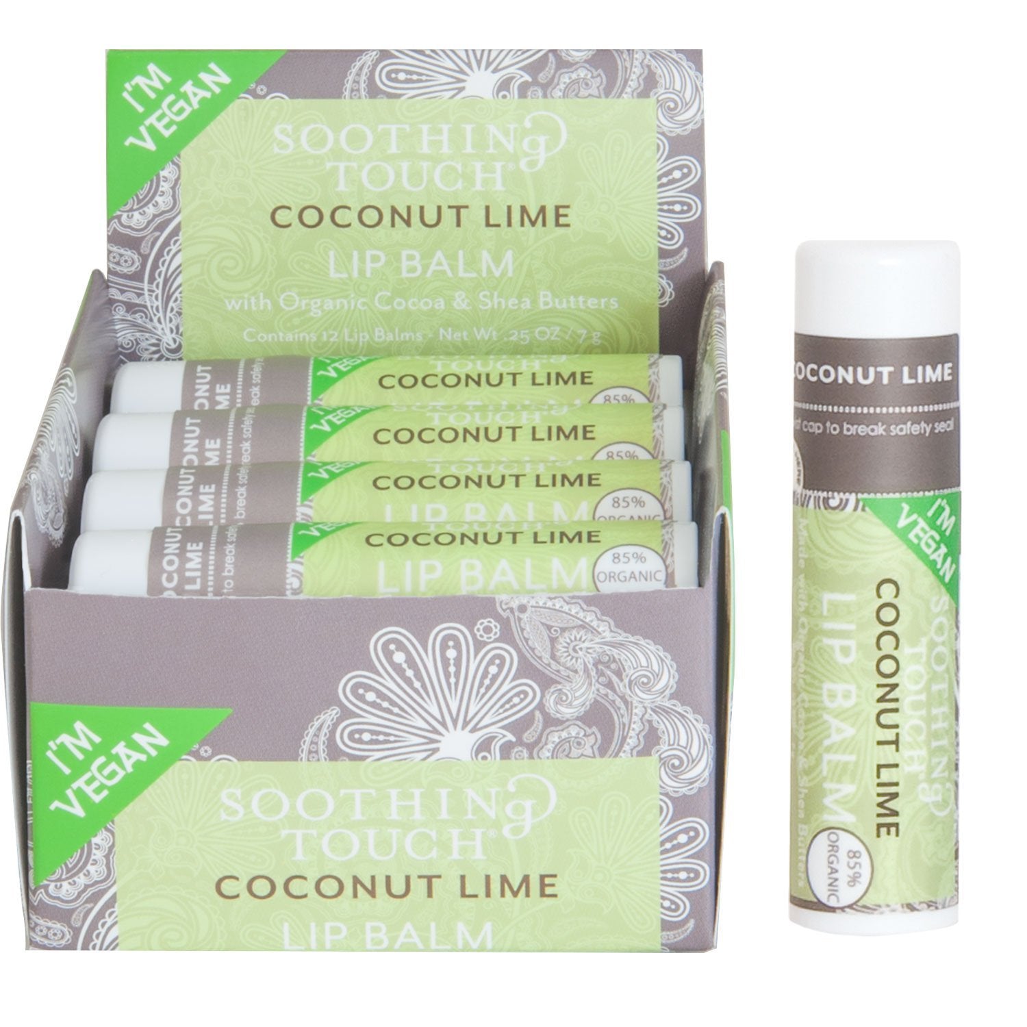Soothing Touch Coconut Lime Vegan Lip Balm, .25 oz (85% Organic) (Case of 12)