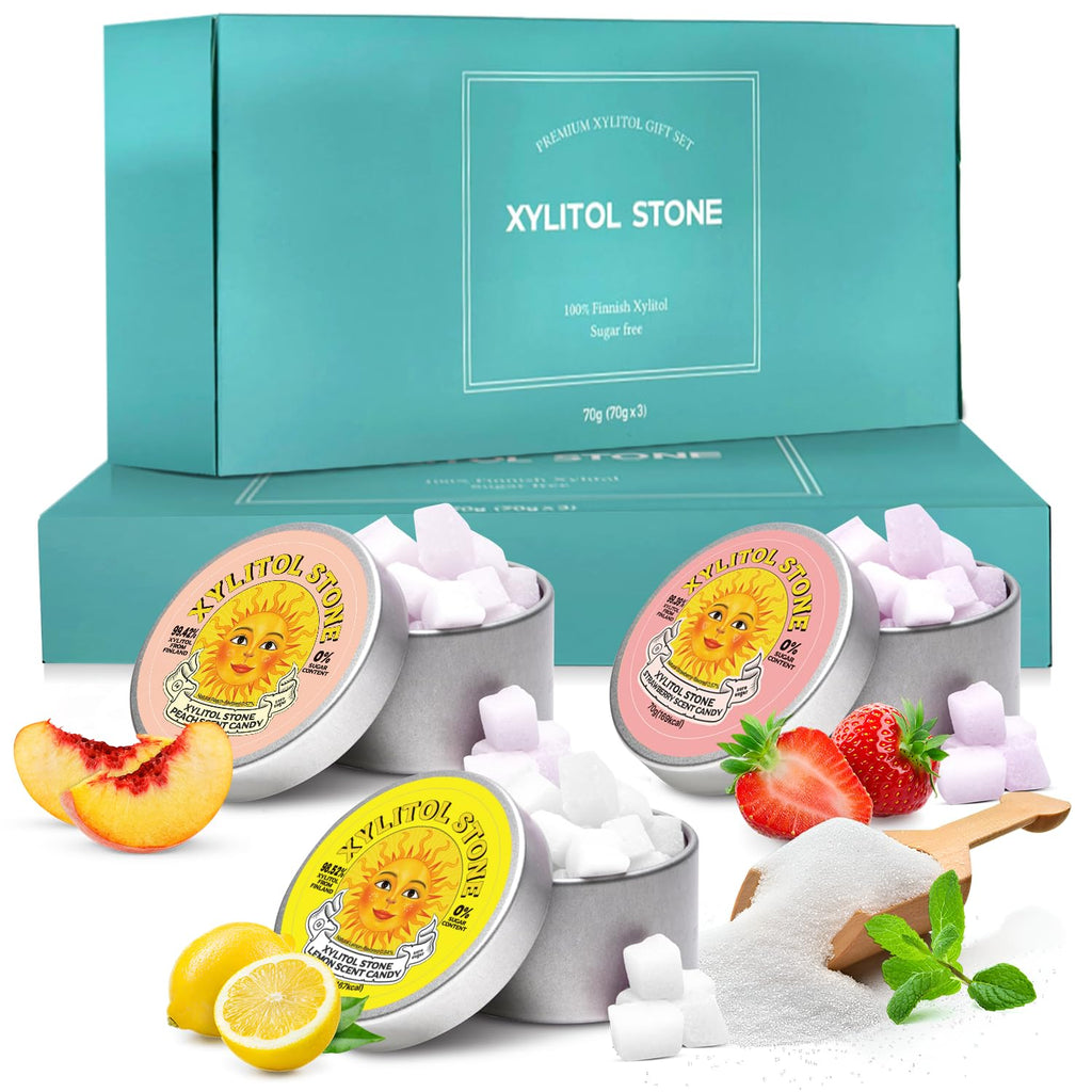 Xylitol Stone Sugar Free Candy - Vegan & Keto Friendly Unique Hard Candy - 100% Natural Flavor Candies - Gluten Free & Non-GMO Breath Freshener Low Calorie Mints - Pack of 3 (Peach, Strawberry, Lemon)