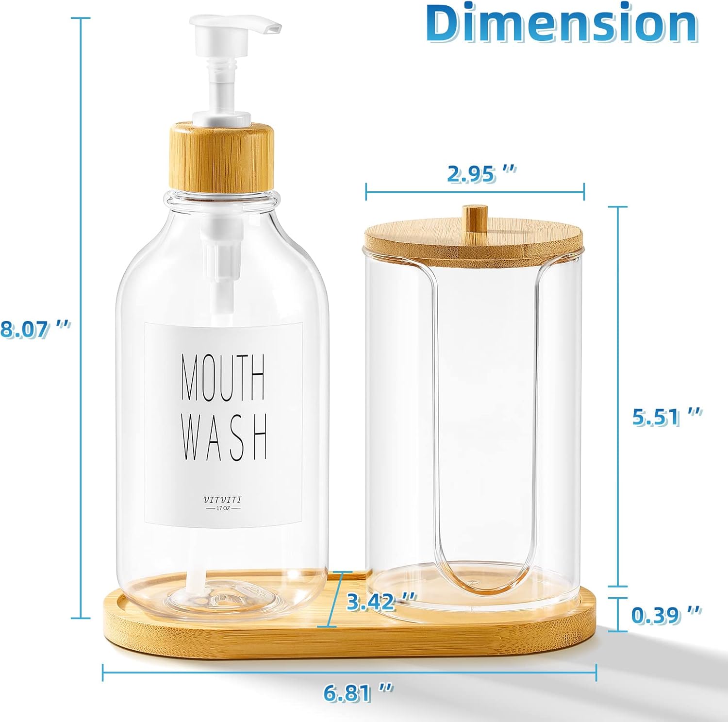 VITVITI Mouthwash Dispenser for Bathroom, Mouth Wash Pump Bottle with Paper Cup Holder, 17Oz Refillable Clear Mouthwash Container with Bamboo Lid/Tray/Label