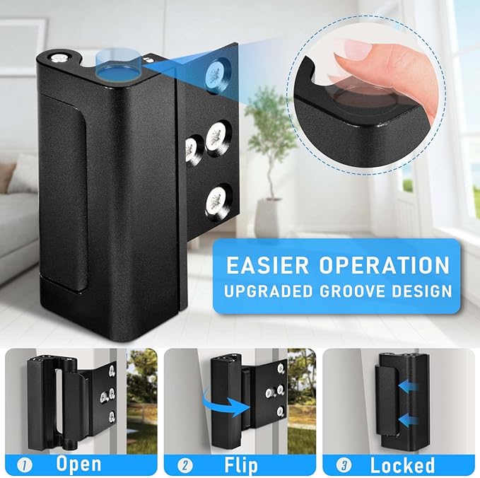 2Pack Home Security Door Reinforcement Lock, Childproof Safety Door Lock Latch Inside Stopper, Add High Security to Prevent Home Unauthorized Entry, Aluminum Construction Finish Black
