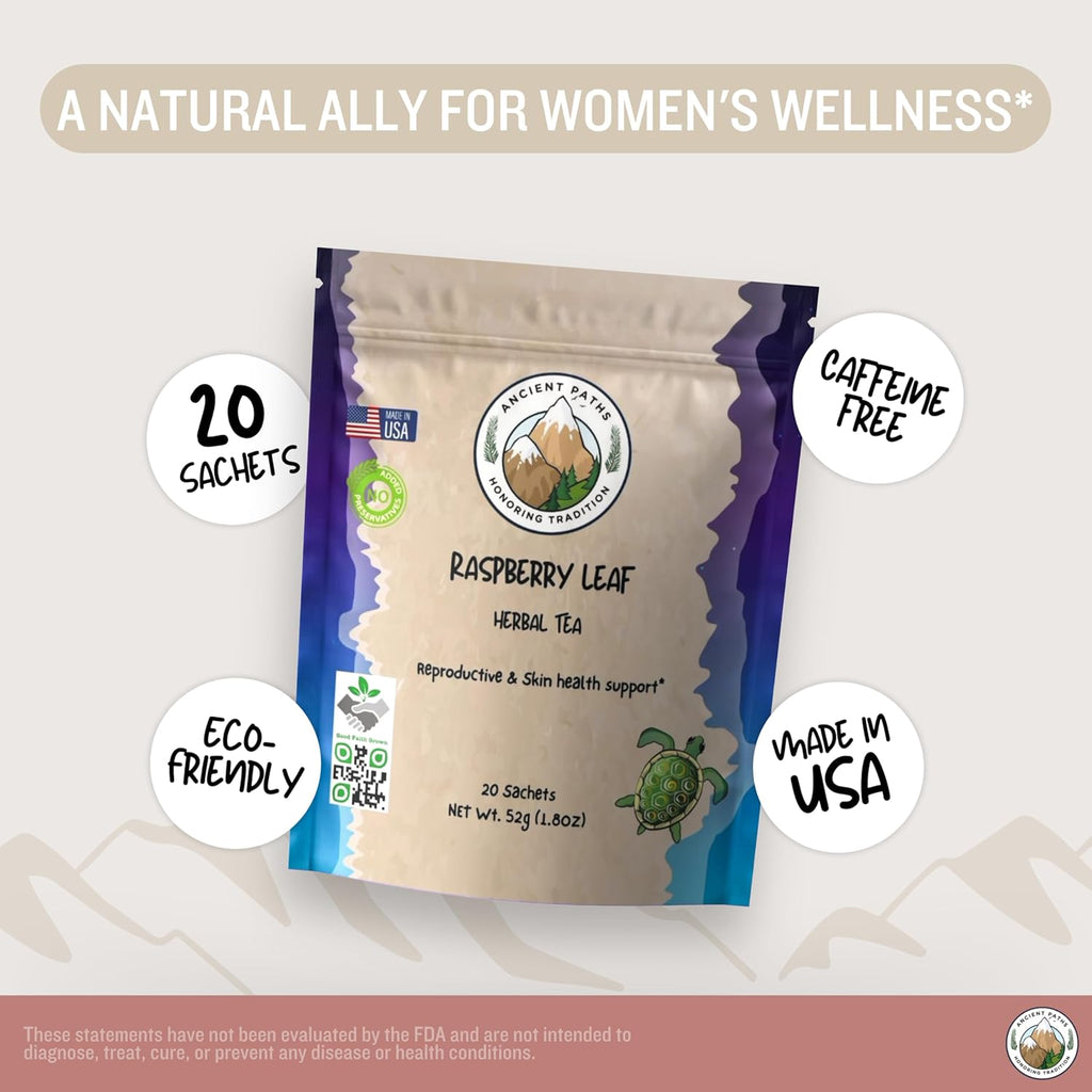 Ancient Paths Raspberry Leaf Tea - Women’s Health & Gut Support - 100% Pure Dried Raspberry Leaf - Caffeine-Free Tea - Sustainable Tea Bags (20 Sachets)