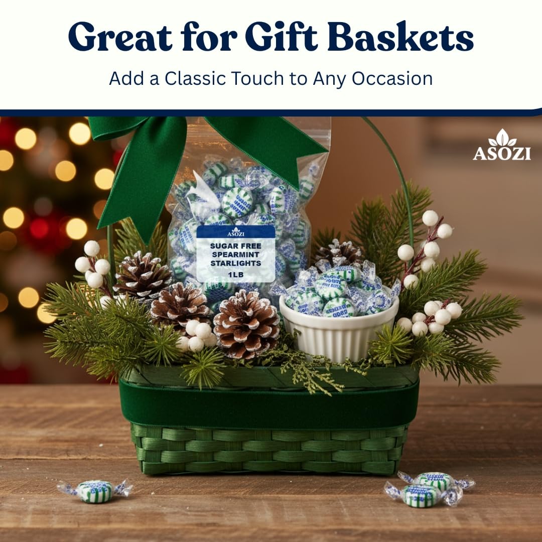 Sugar Free Spearmint Starlights - 1lb Bulk, Sugarless Mints Candy, Guilt-free Hard Candy - Ideal for Diabetics, Low-Sugar Diets, Freshen Breath, Guilt-Free Treats by ASOZI