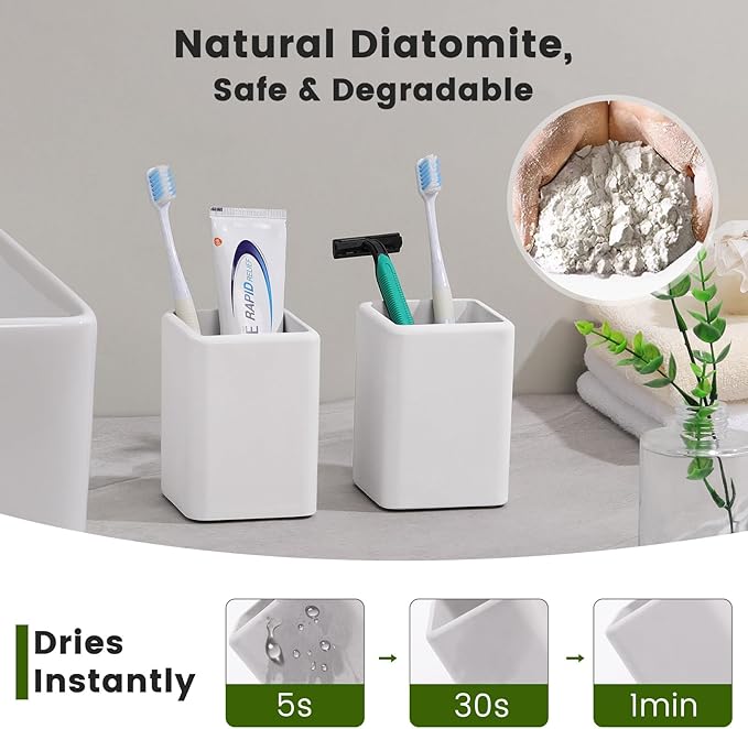 Luxspire Toothbrush Holders 2 Pack, Fast Drying Toothbrush Holders for Bathroom, Diatomite Toothbrush Cups Electric Toothbrush and Toothpaste Holder for Bathroom Countertop, Light Gray