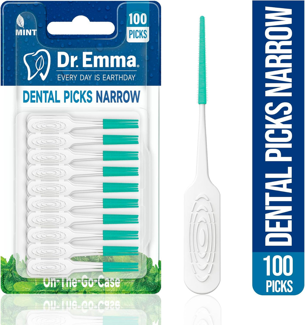 Dr. Emma Dental Picks Narrow Space Mint Soft Rubberized Tooth Picks Tight Floss Pick Easy to Use Brush Picks for Teeth Cleaning and Gum Health 100Ct/Pack, 2 Pack(200Ct)