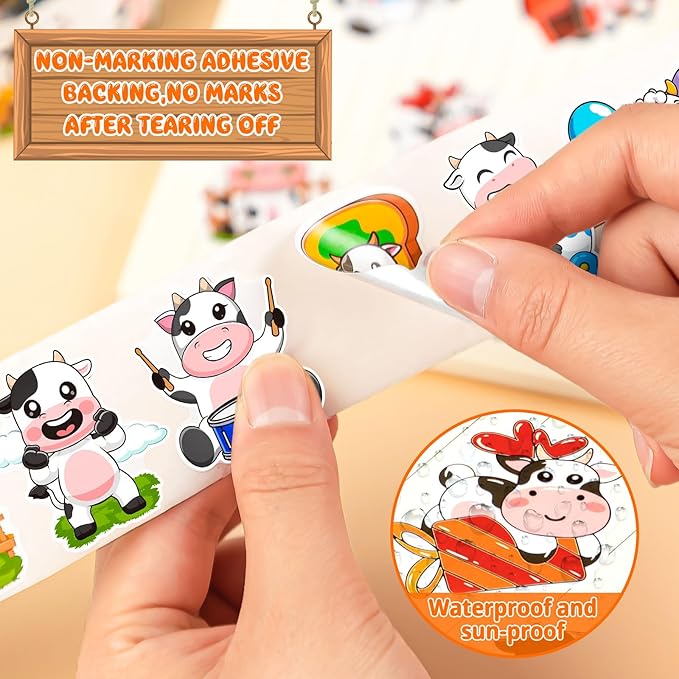 1200 Pcs Cute Cows Stickers for Kids 2 Roll Water Bottle Farm Stickers 2 Roll Sticker for Teacher Reward School Supplies Incentives Cow Party Favors (16 Styles)