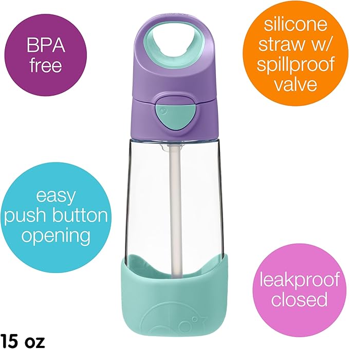 b.box 15oz Tritan Kids Water Bottle – Toddler Drink Bottle with Straw for School, Daycare, Travel w/Easy-Grip Triangular Design, Leak Proof Lid & Handle, BPA Free, Dishwasher Safe (Lilac Pop)