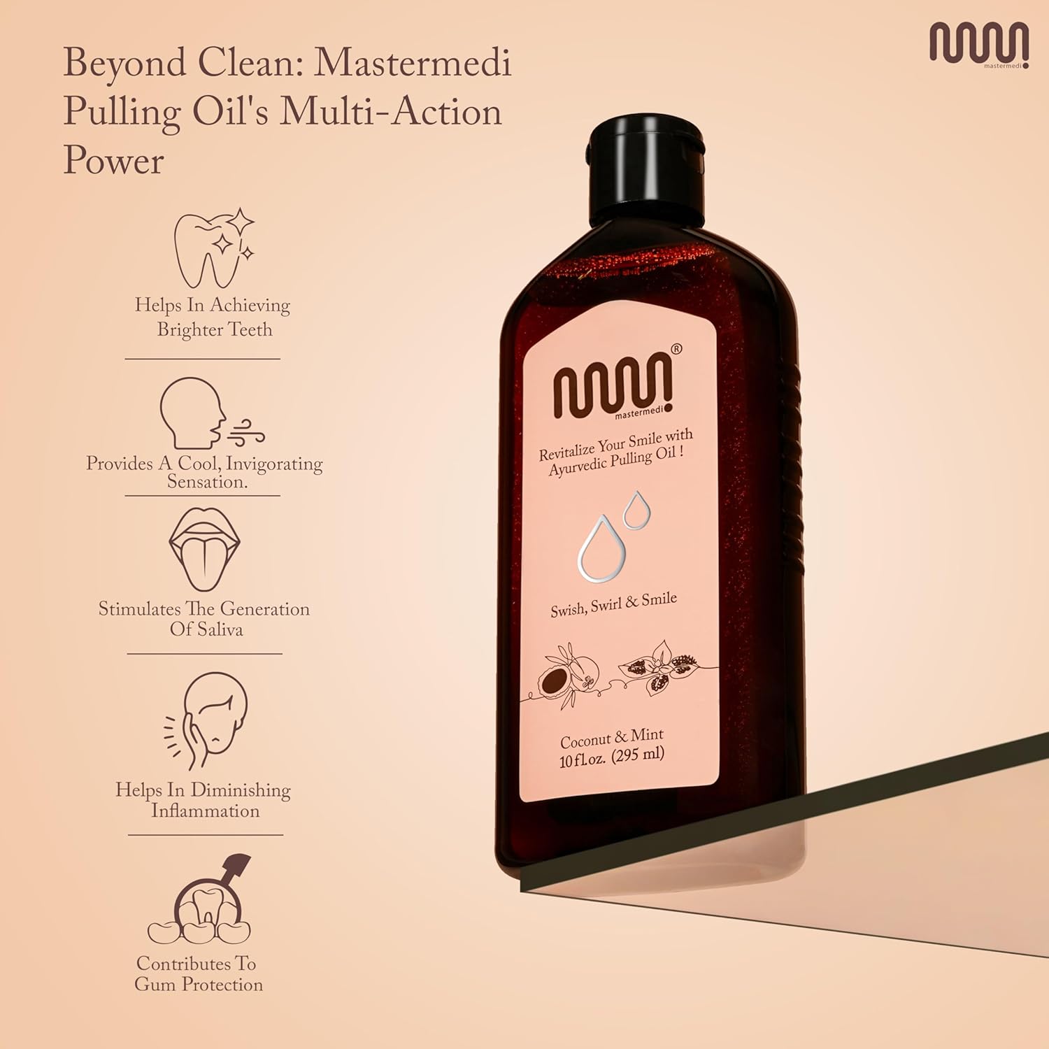 MasterMedi Coconut and Peppermint Oil Pulling (10 Fl.Oz), Mint Oil Pulling Mouthwash, Alcohol Free Natural Coconut Oil Pulling for Teeth Whitening,Fresh Breath and Healthier Gum (Pack of 1)