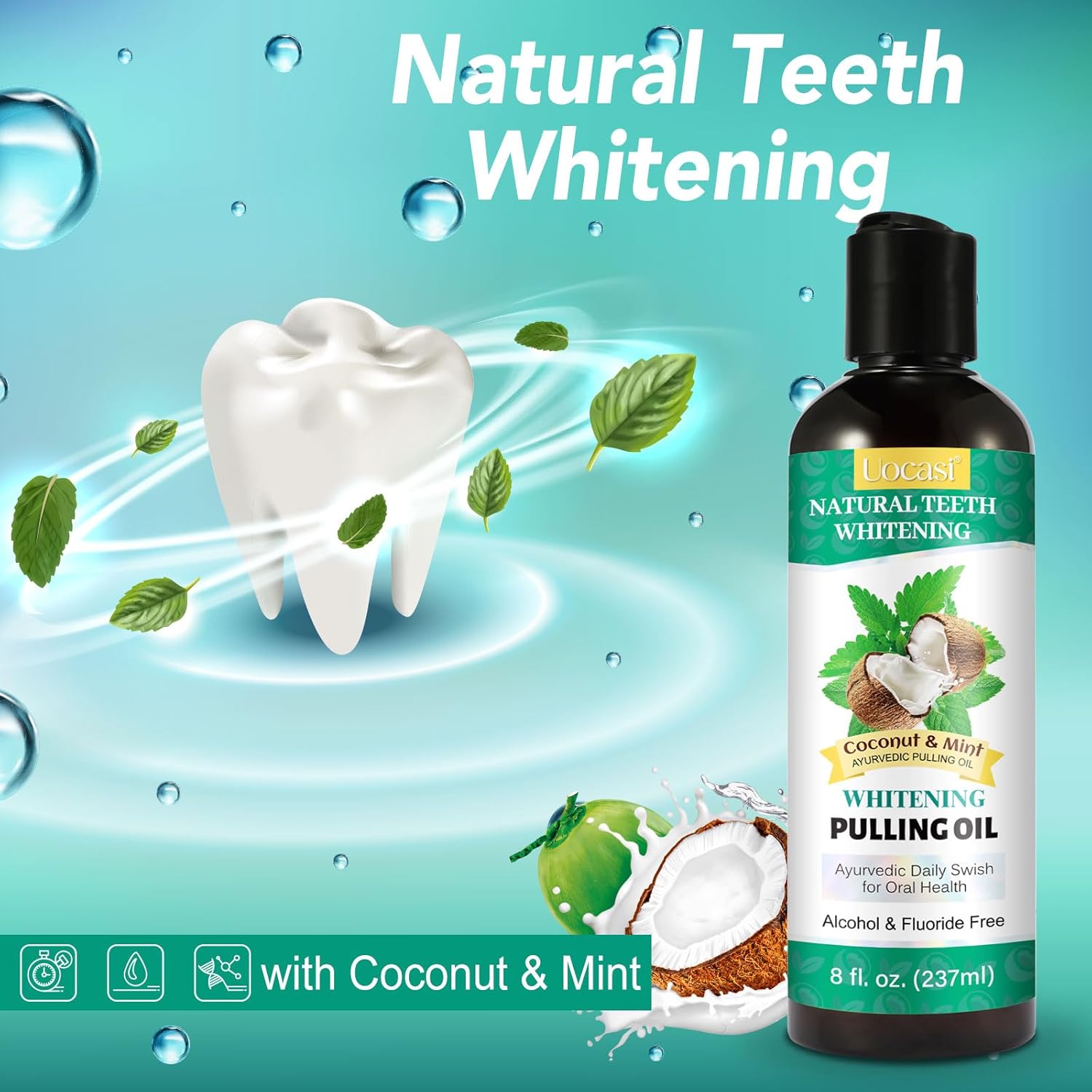 Coconut Oil Pulling for Teeth - 2 Pack, Coconut Oil Mouthwash, Natural Oral Care, Fights Bad Breath, Mouthwash Alcohol Free, Dye Free, PH Balanced, Mint Flavor, 16 Oz