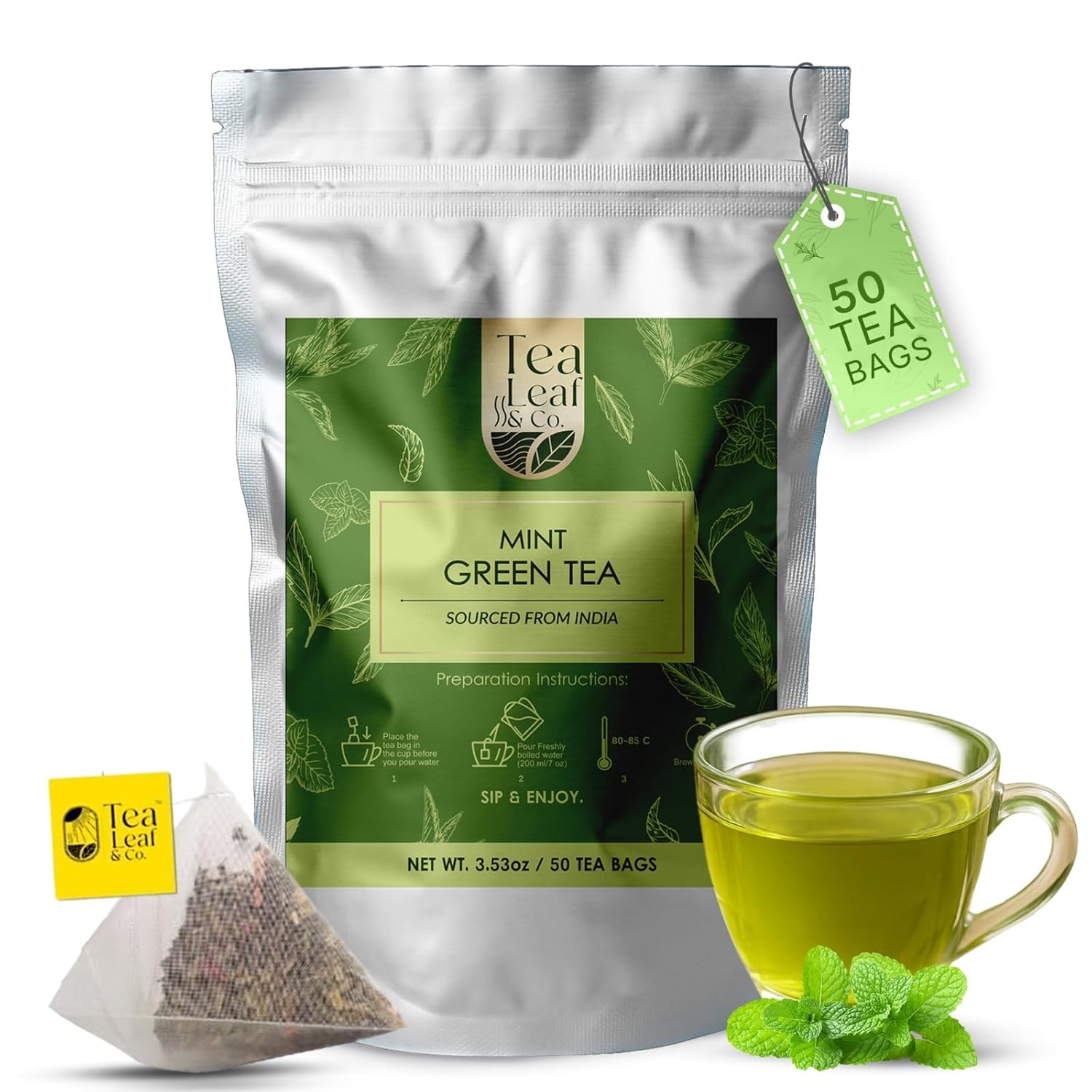 Tea Leaf & Co. Mint Green Tea Bags (50), Green Tea w/ Peppermint & Spearmint, Caffeinated, Real & Natural Green Tea, Blended with Fresh Herbs & Spices