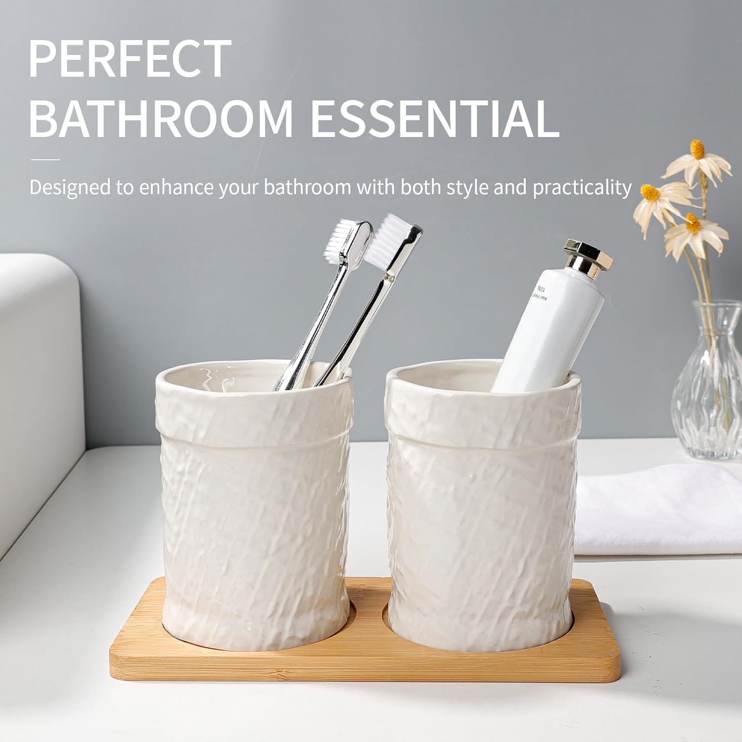 Toothbrush Holder, Tooth Brush Holder for Bathroom - Ceramic Toothbrush Cup Beige Toothbrush Holders Countertop, Makeup Brush Holder Pen Holder, 3.54" x 3.54" x 4.33", ANTIS'S HOME
