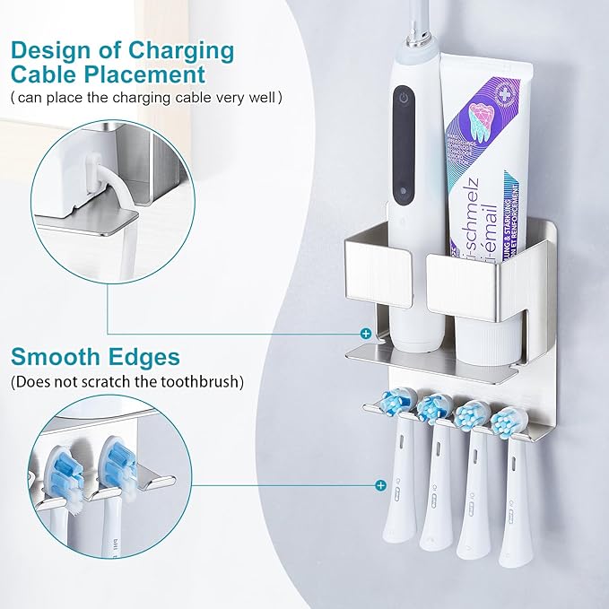 Toothbrush Holder, Electric Toothbrush Head Holder, Stainless Steel Brushed Toothpaste & Razor Organizer, Adhesive Mounted for Shower Bathrooms