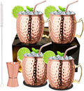 Moscow Mule Copper Mugs Set of 4, Copper Cups with Straws, Jigger, Coasters, Straw Brush for Party, Bar, Stainless Steel Lining, 19.5oz Gifts Set