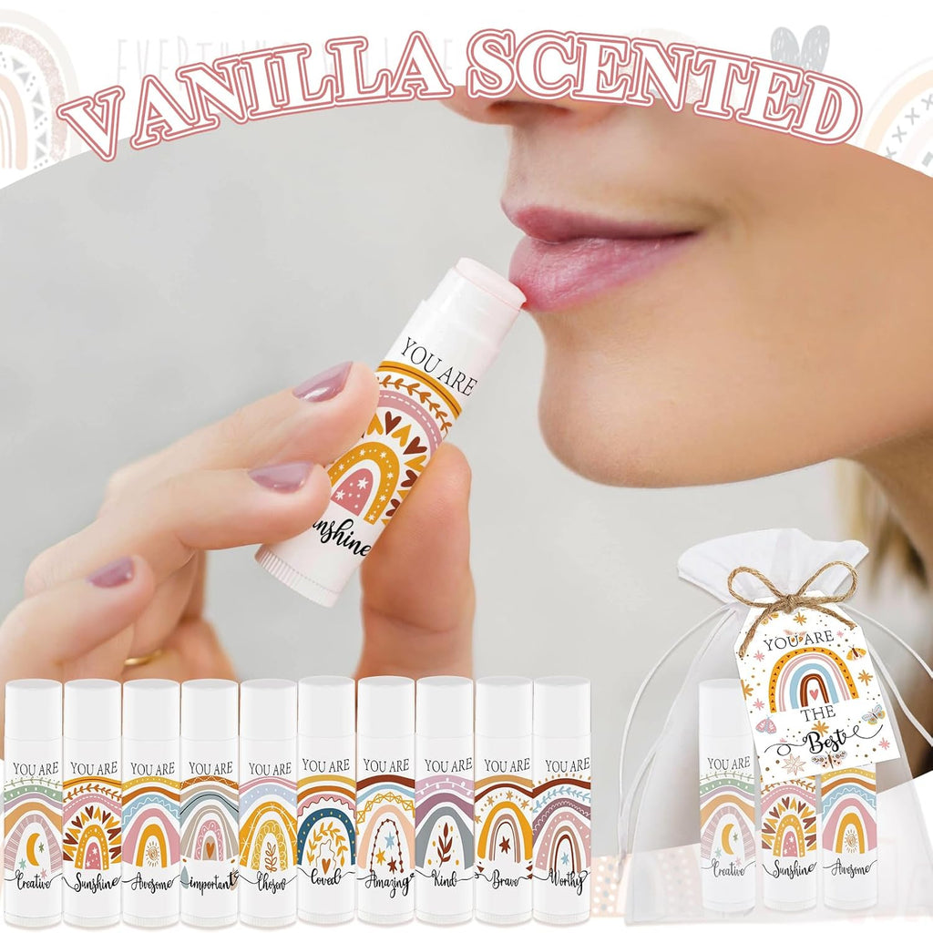 50 PCS Bohemian Rainbow Lip Balm Bulk Inspirational Words Appreciation Gift for Women Thank You Gifts Moisturizer Lips for Baby Shower Coworkers Friend Wedding Bridal Shower Thanksgiving Christmas