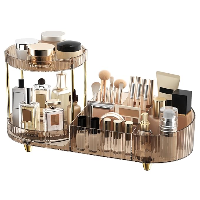 Makeup Organizer Countertop with 360 Rotating Perfume Trays, 7-Divider Vanity Skincare Organizers, Make Up Desk Organization and Storage with Cosmetic Brush Holder for Bedroom Bathroom Counter