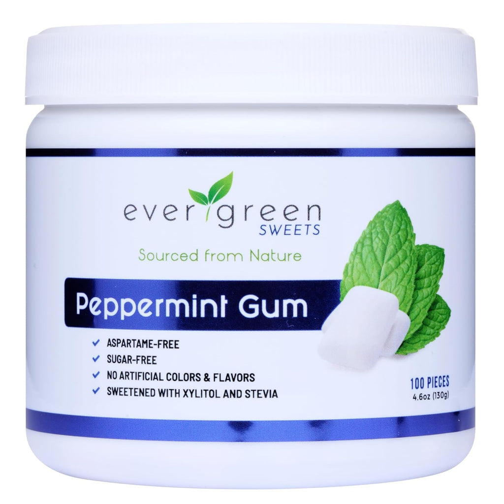 Evergreen Sweets Chewing gum 100 Count Jar - Natural Peppermint Gum Made with Xylitol and Stevia - Sugar-Free, Aspartame Free and Vegan