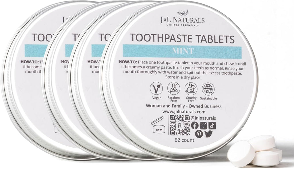 J&L Naturals Toothpaste Tablets | 62-Pack Travel-Friendly Toothpaste | Fluoride + Plastic Free, Vegan, Cruelty Free, Sustainable | Woman-Owned Small Business (Mint, 62 Count (Pack of 4))