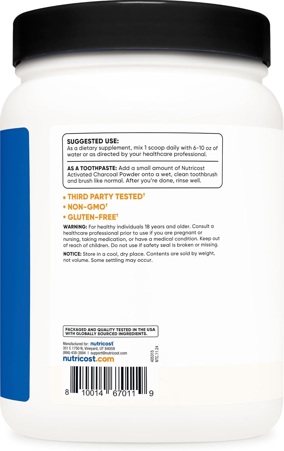 Nutricost Activated Charcoal Powder 1lb - Food Grade Powder, Toothpaste, Facemask, Odor Control, Vegetarian, Gluten Free, Non-GMO