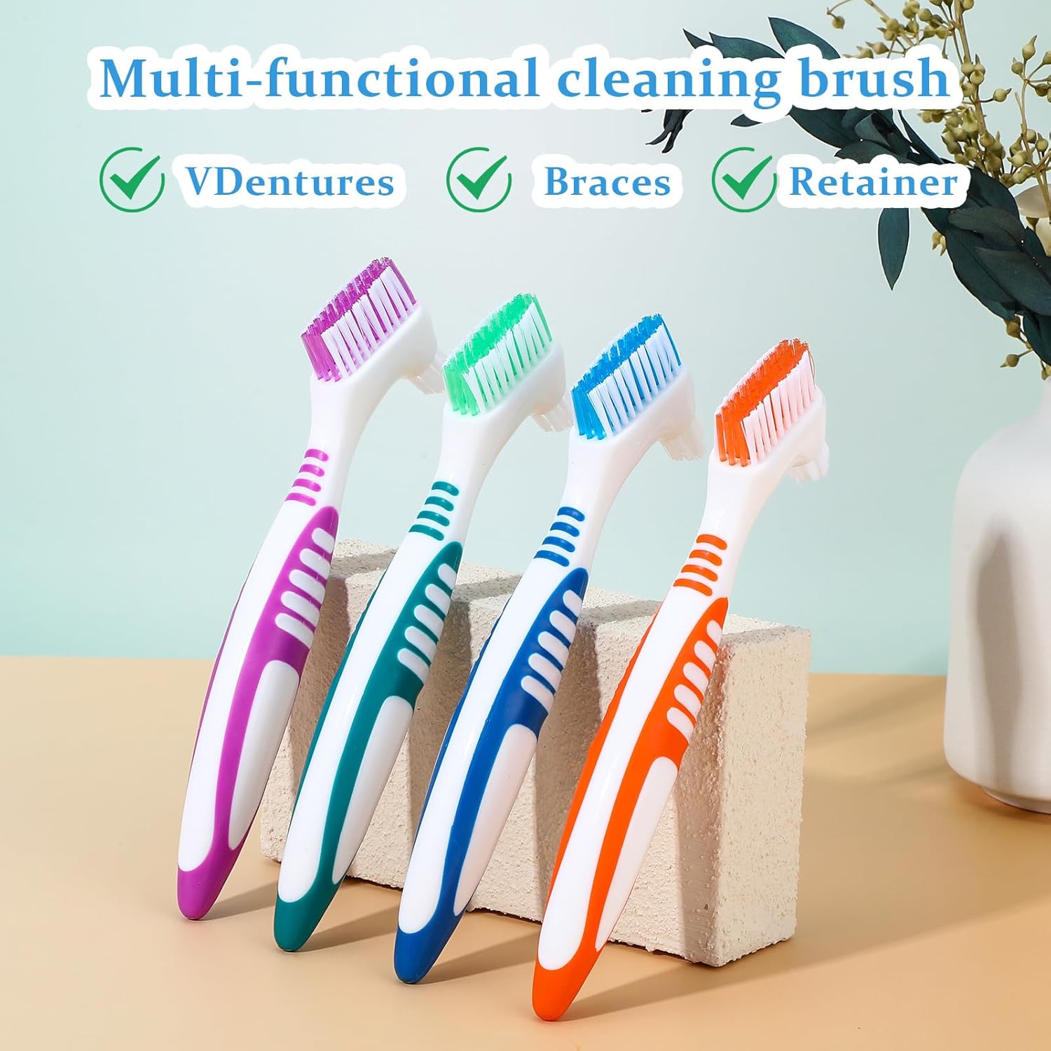10 Pcs Denture Brush for False Teeth Denture Care Cleaning Brush Double Sided Toothbrush Portable Soft Multi-Layered Bristles Cleaner Brushes Ergonomic Rubber Handle