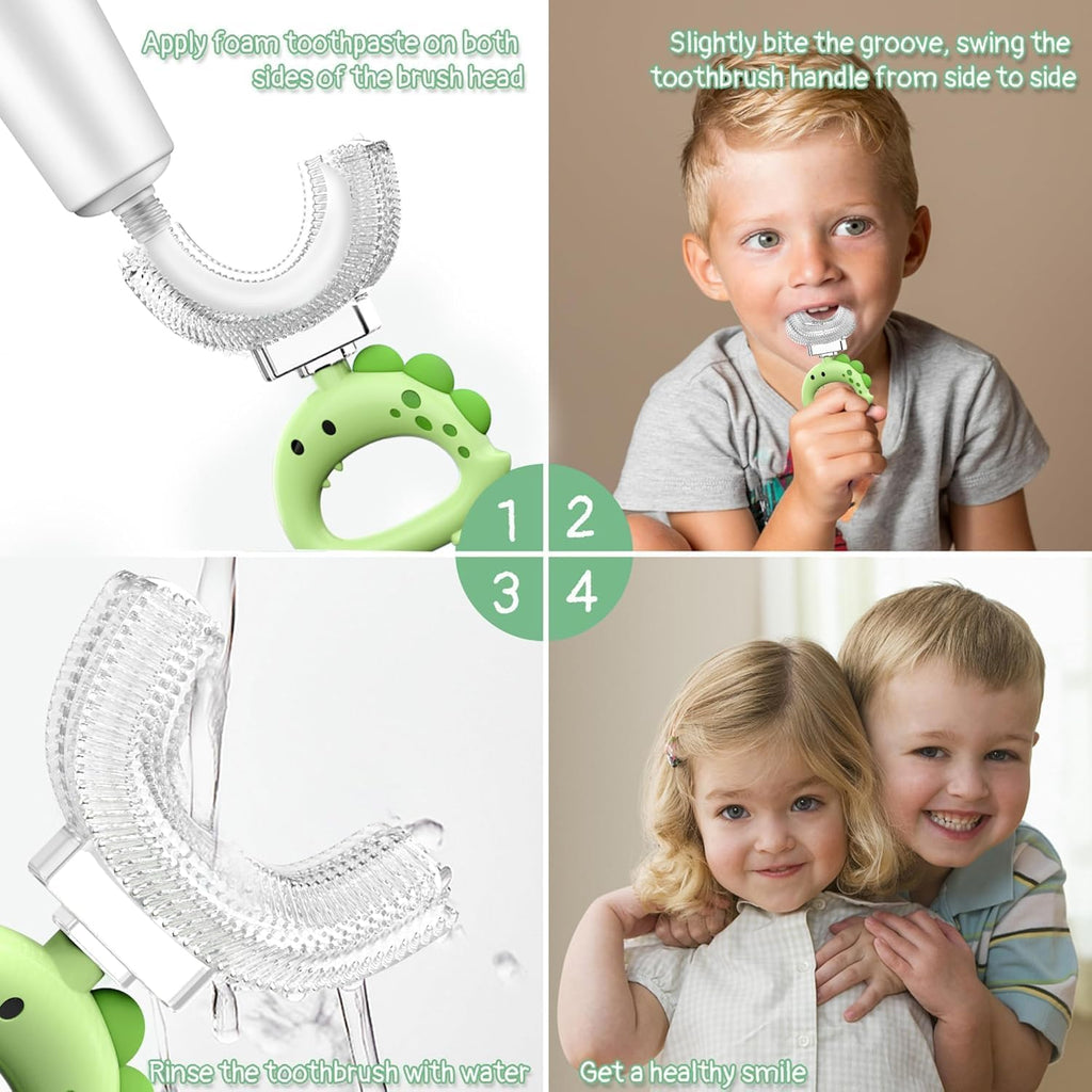 U Shaped Toothbrush - for Kids, Manual Whole Mouth Toddler Toothbrush Age 2-4 5 6 & up,Food Grade Soft Silicone Brush, 360° Oral Teeth Cleaning, Good for Dental Health, 2 Green