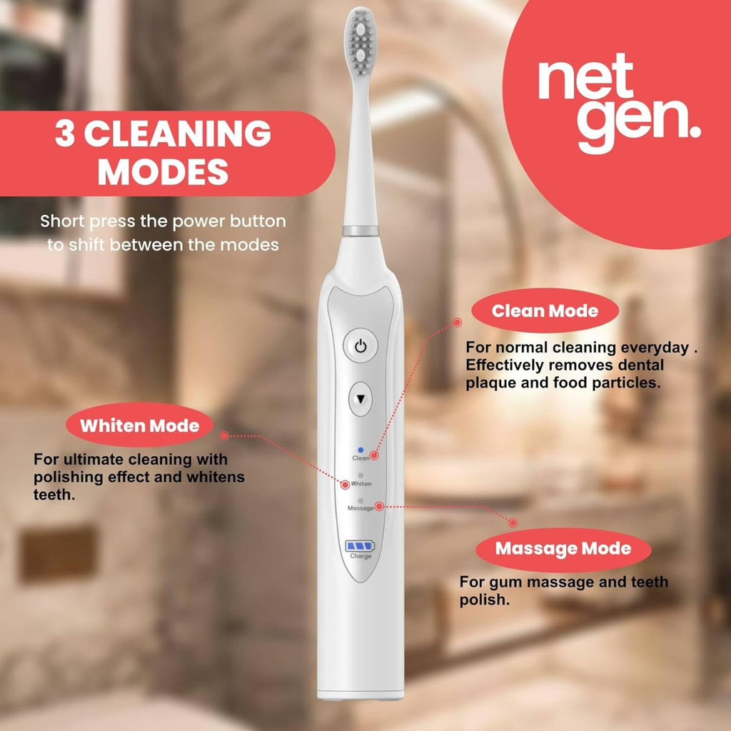 Sonic Electric Toothbrush for Adults with 5 Toothbrush Replacement Heads, 3 Brushing Modes & 2 Minutes Built-in Timer, Travel Toothbrushes with Inductive Charging, Rechargeable toothbrush | White