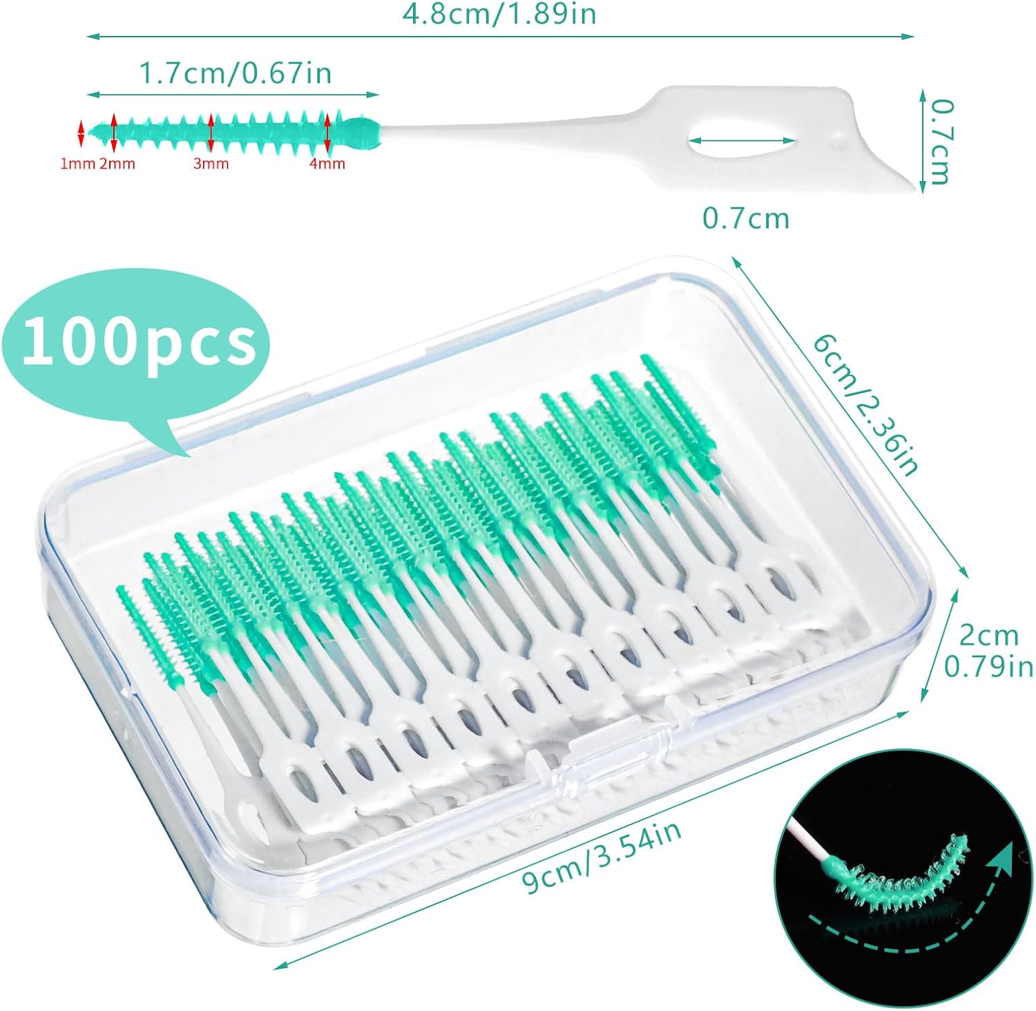 100 Pieces Interdental Brushes, Silicone Dental Floss Picks with Case Dental Brushes Dental Picks Green Tooth Floss Picks for Teeth Cleaning(Green)