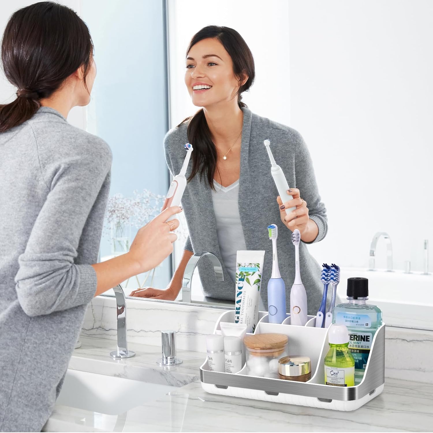 Toothbrush Holders for Bathrooms Countertop Organizer - Kids Electric Toothbrush and Toothpaste Holder Detachable 7 Slots Tooth Brush Organization Bathroom Accessories Storage Vanity, Silver