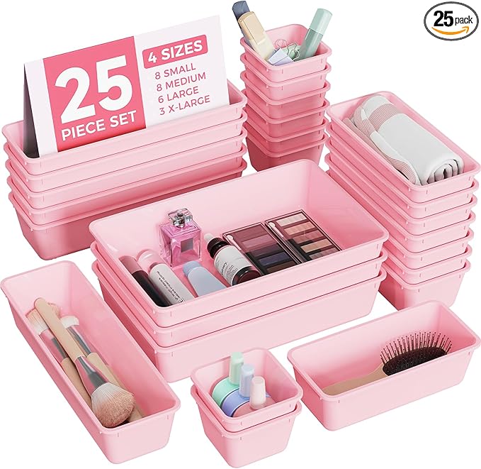25 PCS Plastic Drawer Organizers Set, 4-Sizes Vanity and Makeup Organizer, Desk and bathroom Drawer Organizer Trays, Organizers and Storage for Makeup, Jewelry, Gadgets, Utensils (Pink)