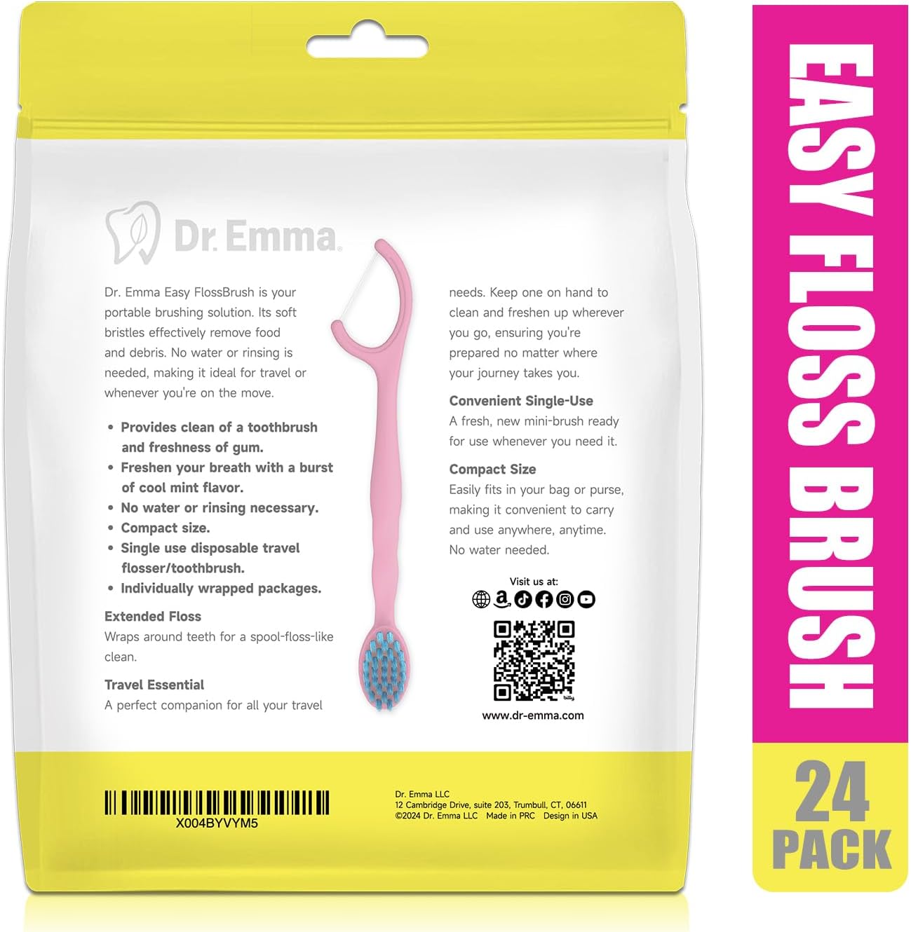 Dr. Emma Mini Brush Disposable Toothbrushes with Floss, Travel Mint Toothbrush for On-The-Go Use, 24 Packs Individually Wrapped Small Portable Toothbrush, Pink