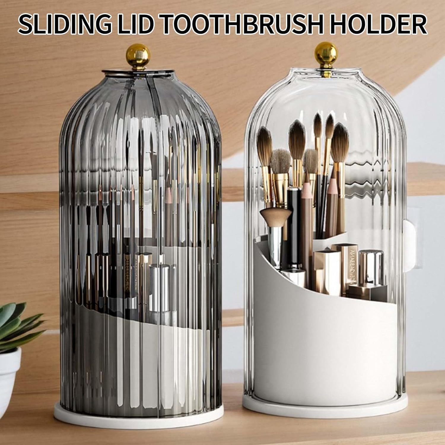 Sliding Lid Toothbrush Organizer, Toothbrush Holders with Sliding Lid, 360° Rotating Dustproof Concealed Toothbrush Holder, 3-Slot Varying Heights, Ideal for Bathroom, Makeup & Travel (Black)