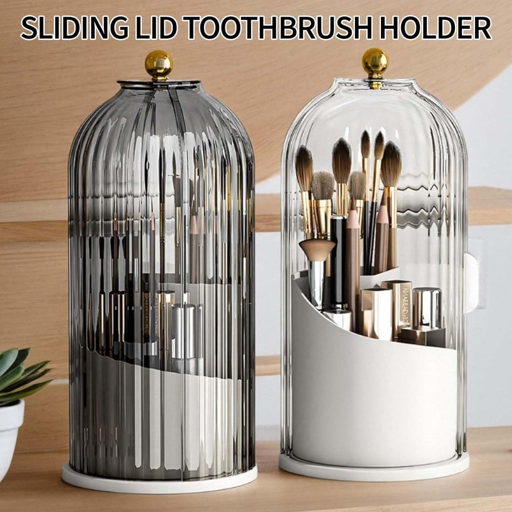 Sliding Lid Toothbrush Organizer, Toothbrush Holders with Sliding Lid, 360° Rotating Dustproof Concealed Toothbrush Holder, 3-Slot Varying Heights, Ideal for Bathroom, Makeup & Travel (Green)