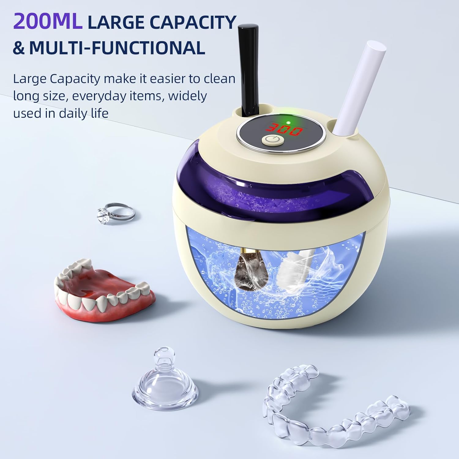Ultrasonic Retainer Cleaner, Retainer Cleaner Machine for Dentures, Mouth Guards, Braces, Toothbrush Heads, Jewelry with 200ML Capacity, 45kHz Retainer Cleaning, 4 Modes for Appliances (Light Yellow)