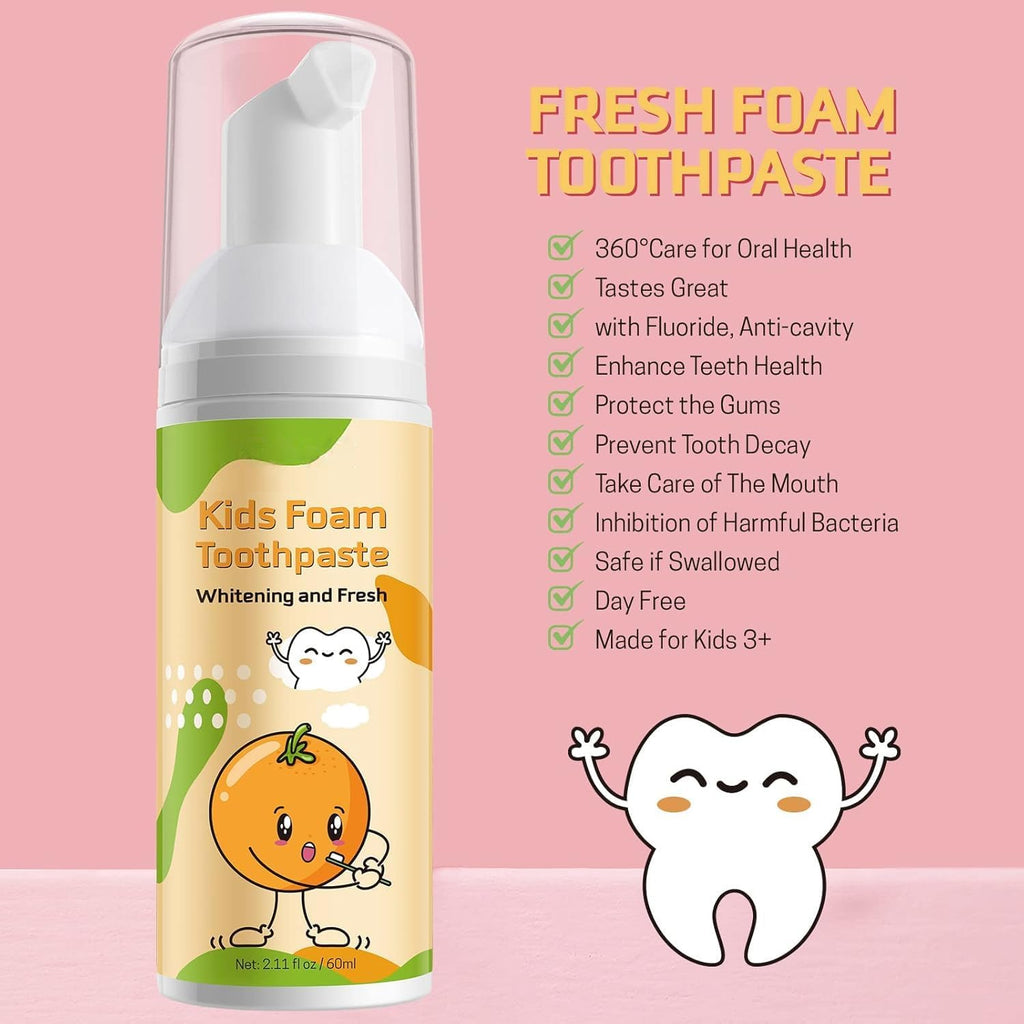 Foam Toothpaste Kids,Toddler Toothpaste with Low Fluoride & Natural Formula to Reduce Plaque, Kids Toothpaste for U Shaped Toothbrush for Children Ages 3 Plus (120 ML, Orange & Strawberry)