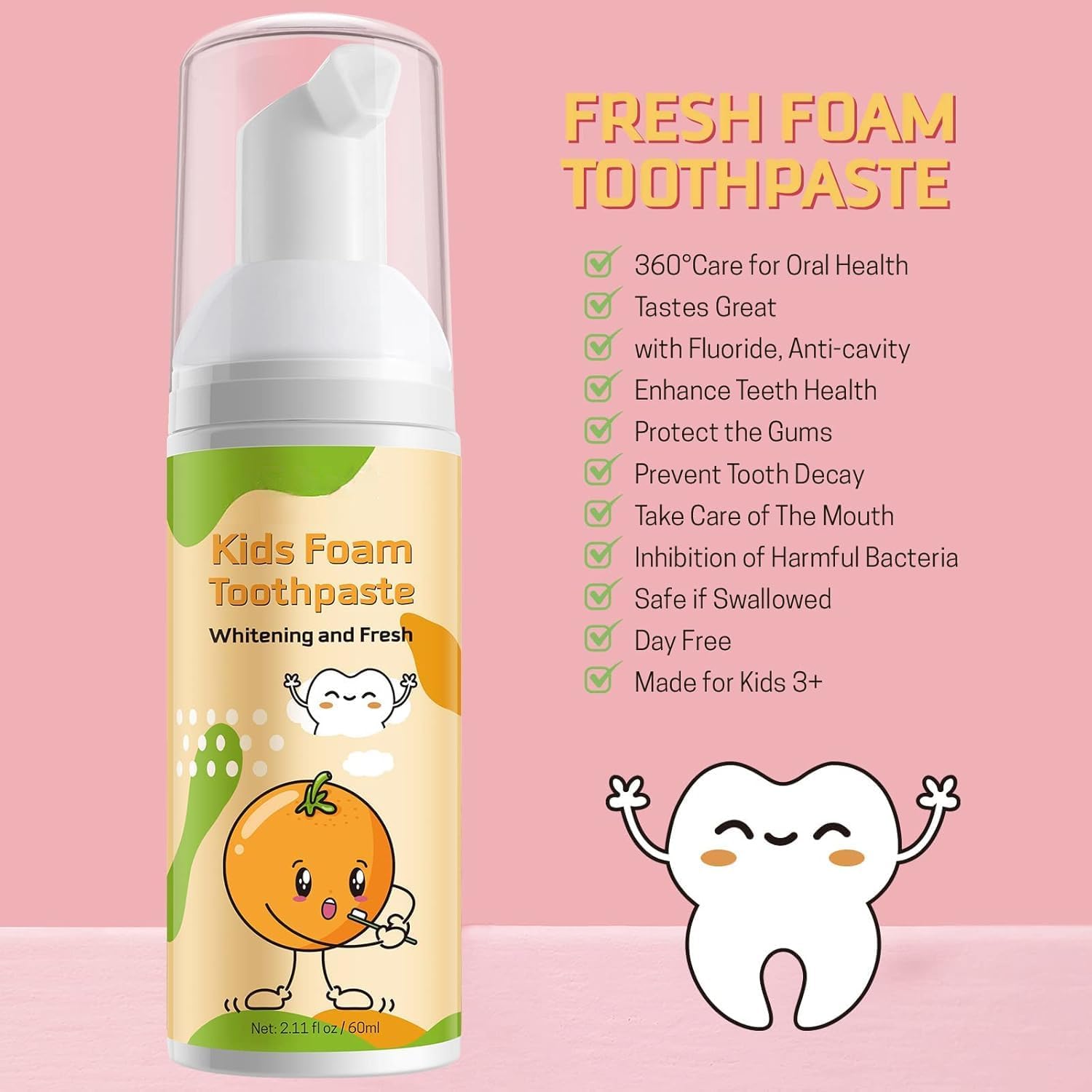 Foam Toothpaste Kids,Toddler Toothpaste with Low Fluoride & Natural Formula to Reduce Plaque, Kids Toothpaste for U Shaped Toothbrush for Children Ages 3 Plus (120 ML, Orange & Strawberry)