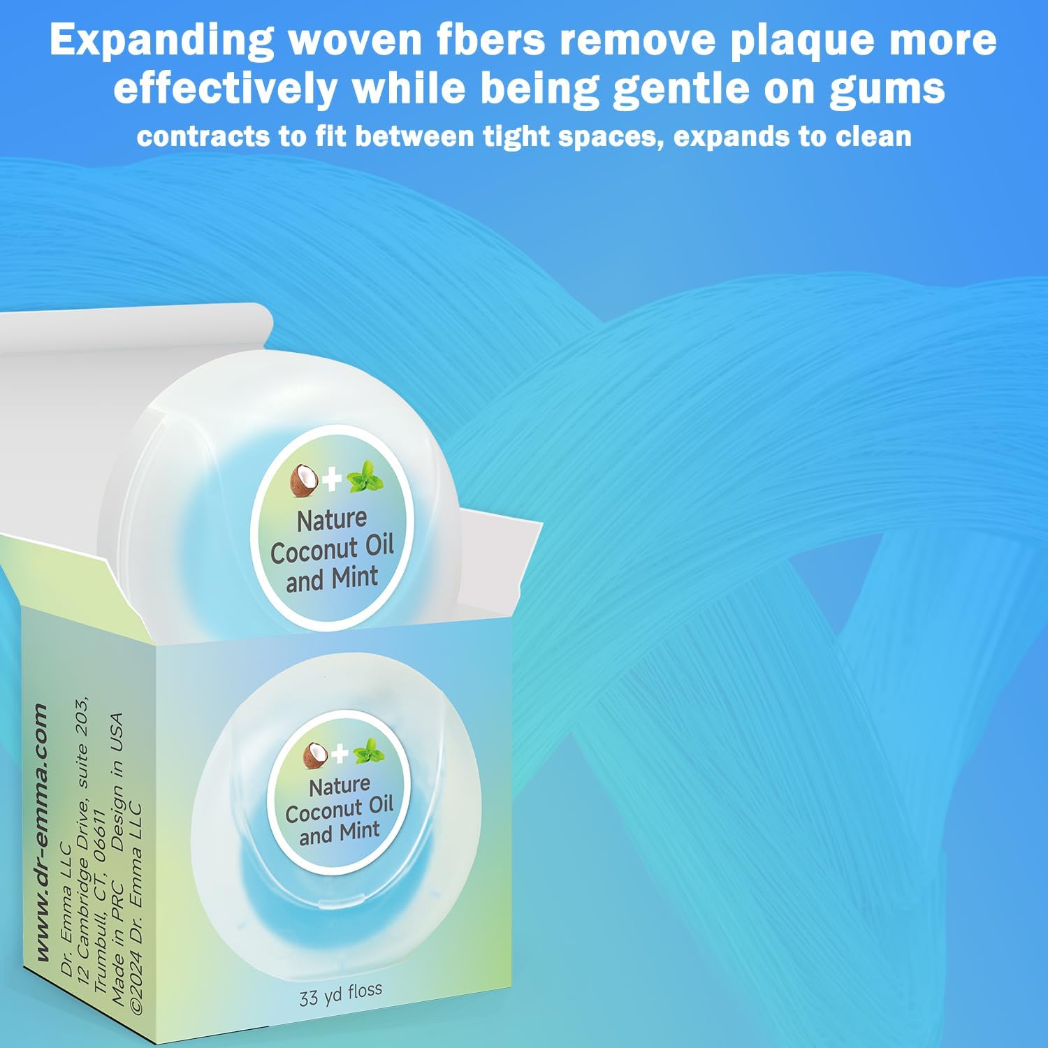 Dr. Emma Woven Dental Floss Coconut Oil Infused Expanding Dental Floss, Oral Care Stretchable Floss, Mint 33yd Blue, Pack of 4