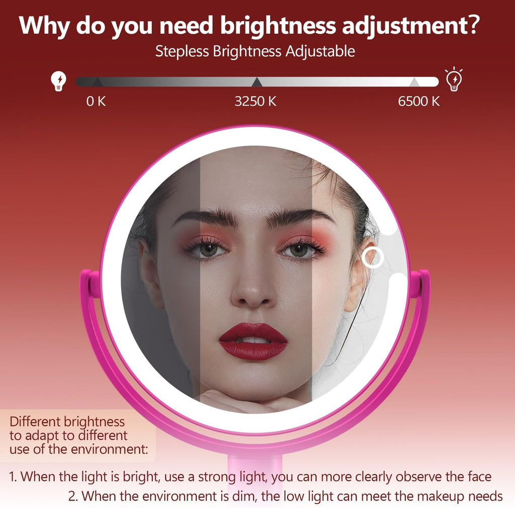 MIYADIVA Makeup Mirror with Lights, 20X Magnifying Mirror with Light and Touch Switch, 2-Sided Vanity Mirror with 3 Color and 80 LEDs, Hot Pink