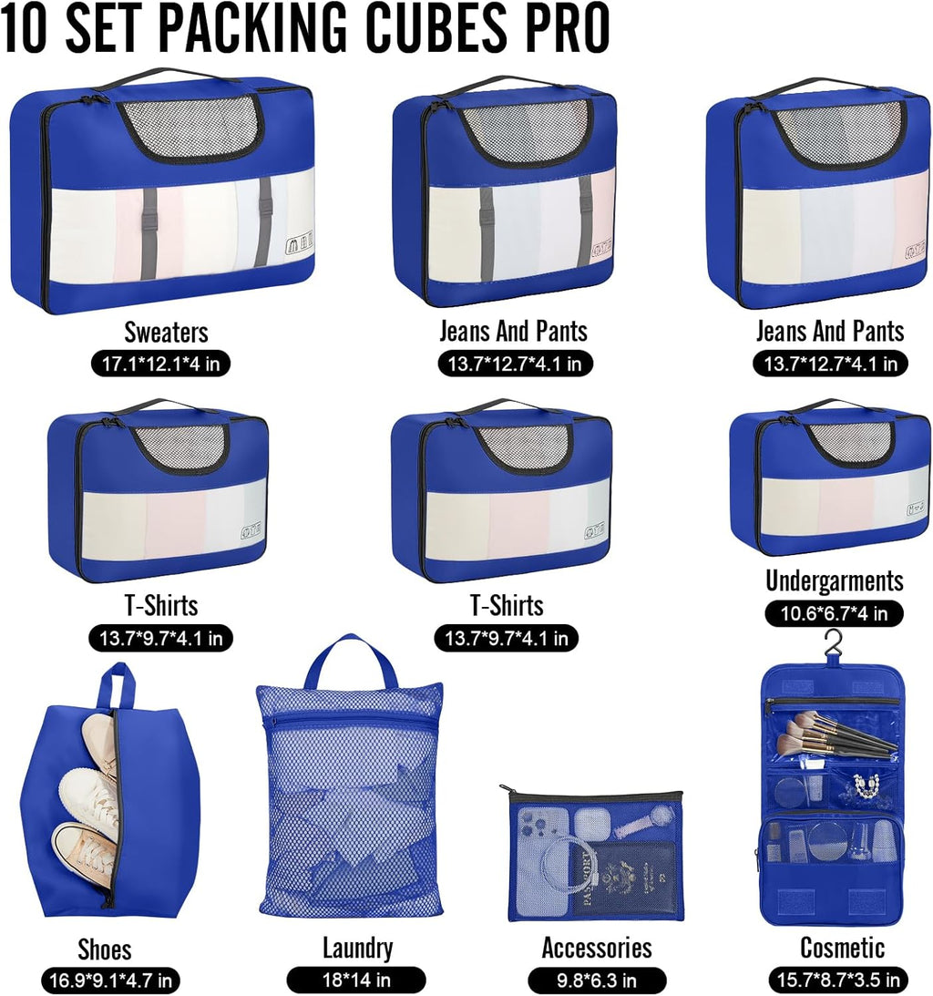 Veken 10 Set Packing Cubes for Travel Essential, Suitcase Organizer Bags in 4 Sizes, Carry-On Luggage Accessories with Large Laundry & Hanging Toiletry Bag, Must-Have for Airplane, Road Trip & Camping