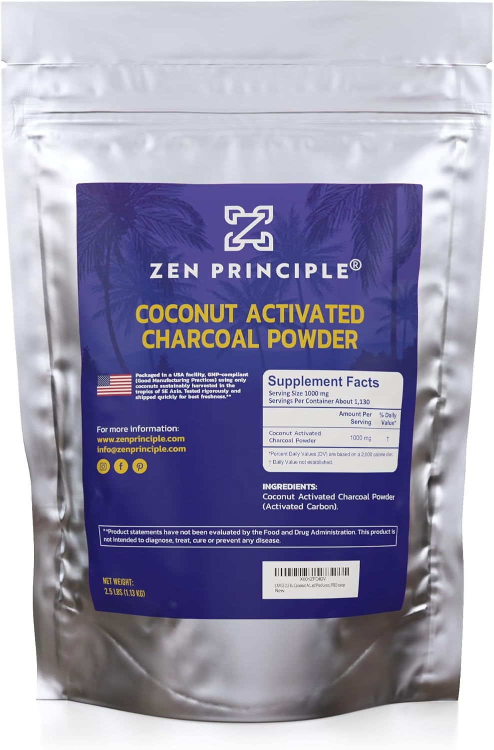 Zen Principle Coconut Activated Charcoal Powder. Whitens Teeth, Rejuvenates Skin and Hair, Supports Better Digestion. USA-Owned Producers, 2.5 lb