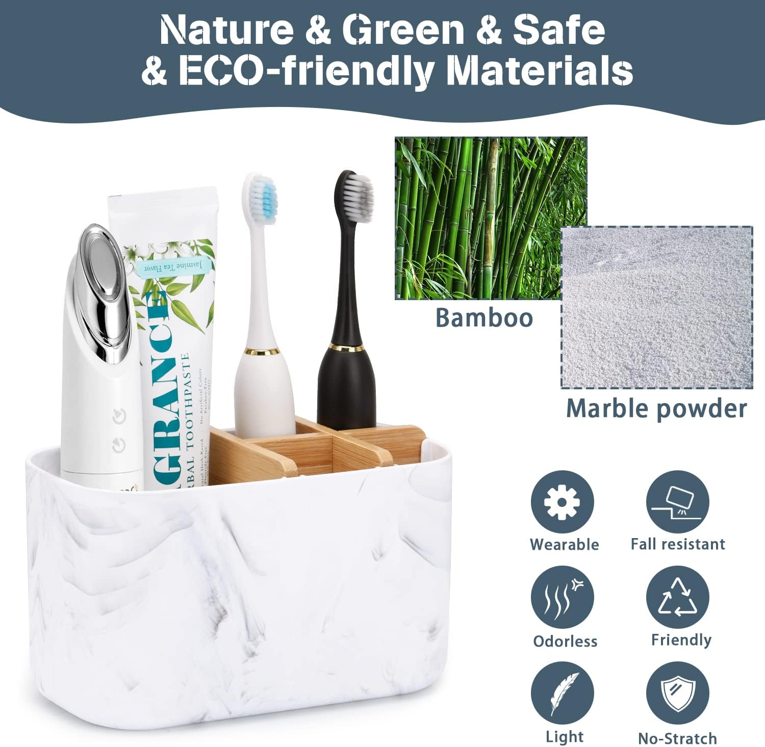 Toothbrush Holders for Bathrooms, 5 Slots Bamboo Toothbrush Holder Kids Electric Toothbrush Holder and Toothpaste Holder for Bathroom Countertop Accessories Storage, Marble Toothbrush Organizer