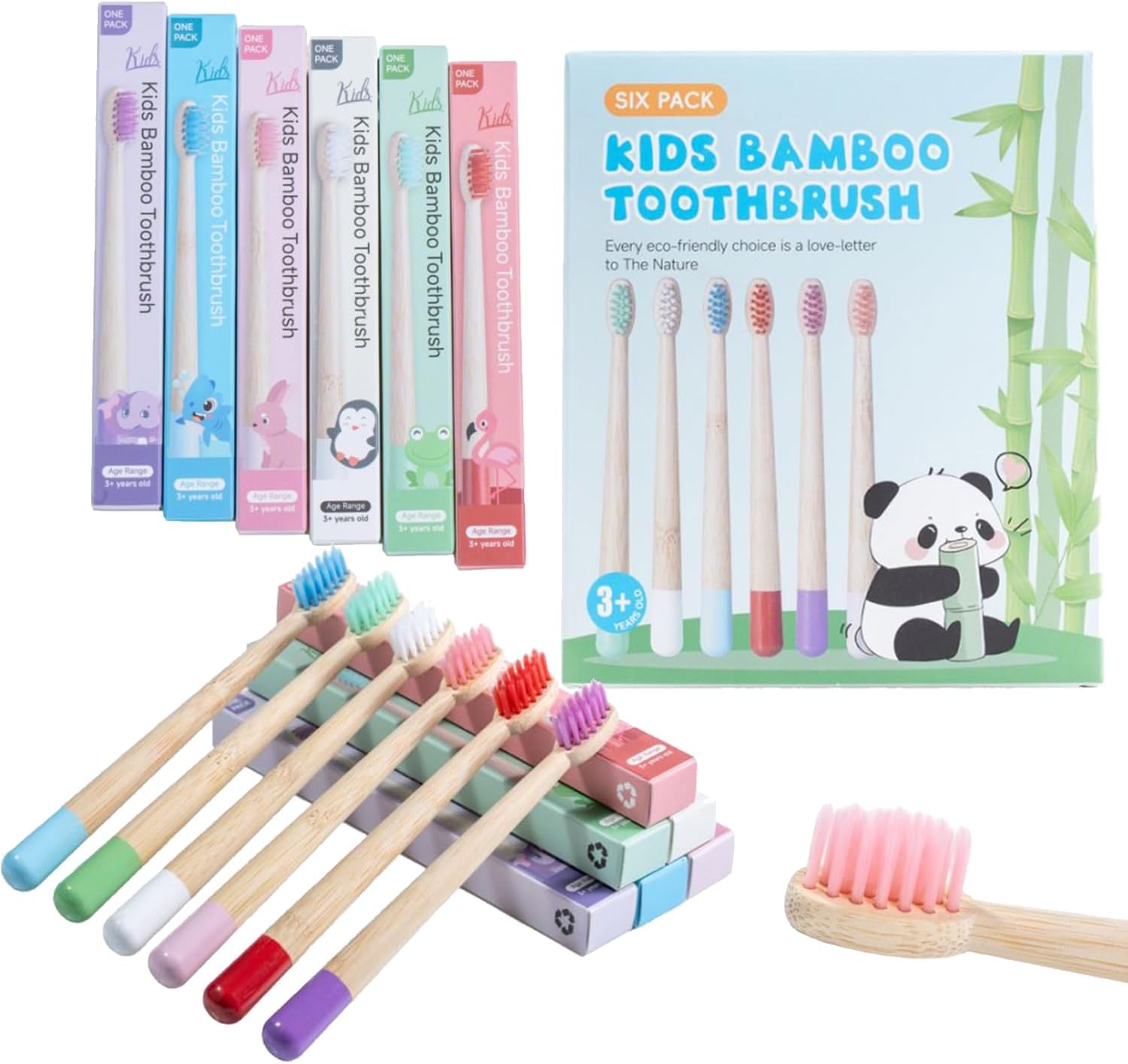 Kids Bamboo Toothbrushes, BPA Free Extra Soft Bristles for Children, Eco-Friendly Natural Bamboo Toddler Toothbrusht, Biodegradable Compostable Tooth Brushes(6 Pack)