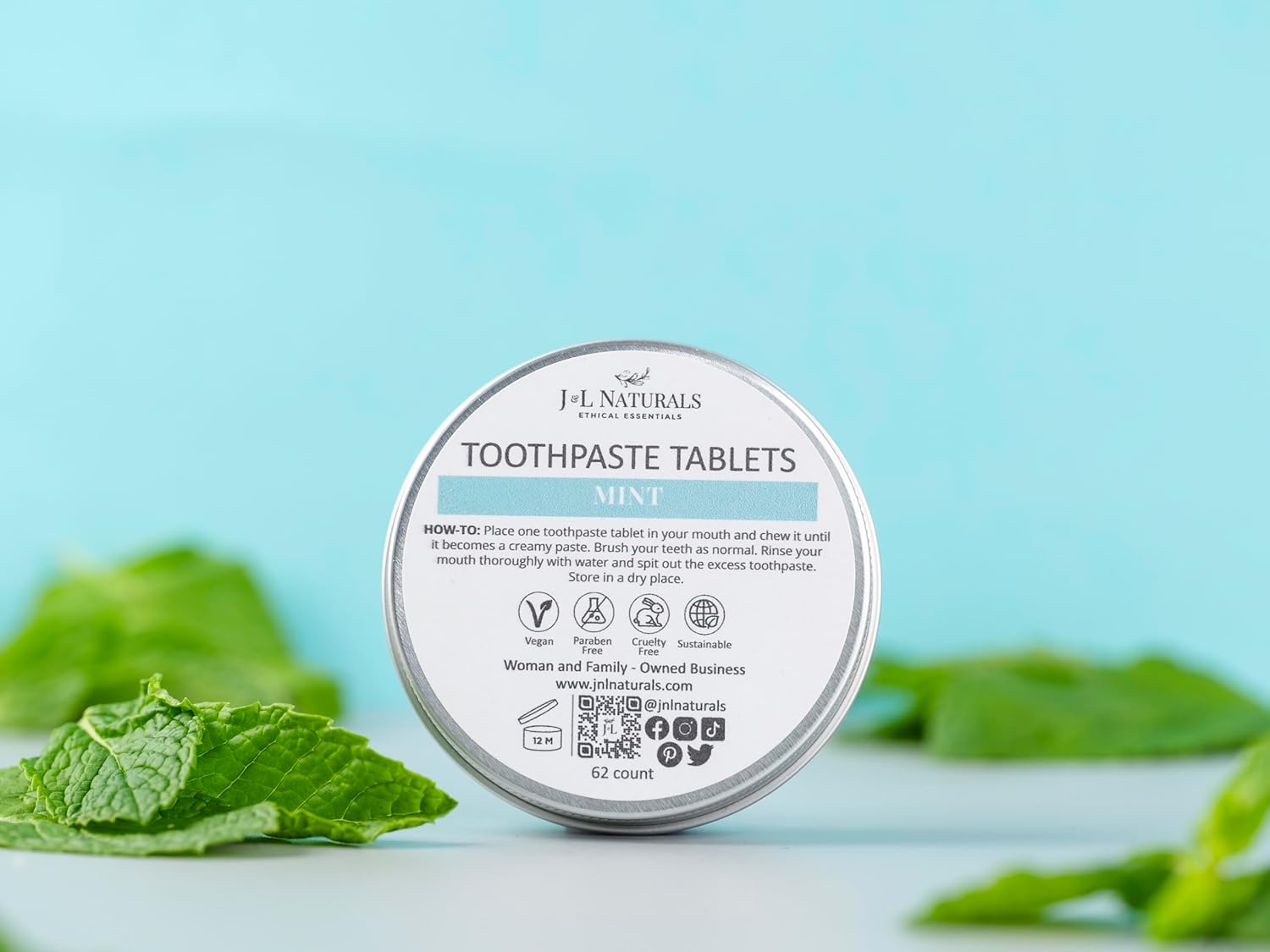 J&L Naturals Toothpaste Tablets | 62-Pack Travel-Friendly Toothpaste | Fluoride + Plastic Free, Vegan, Cruelty Free, Sustainable | Woman-Owned Small Business (Mint, 62 Count (Pack of 1))