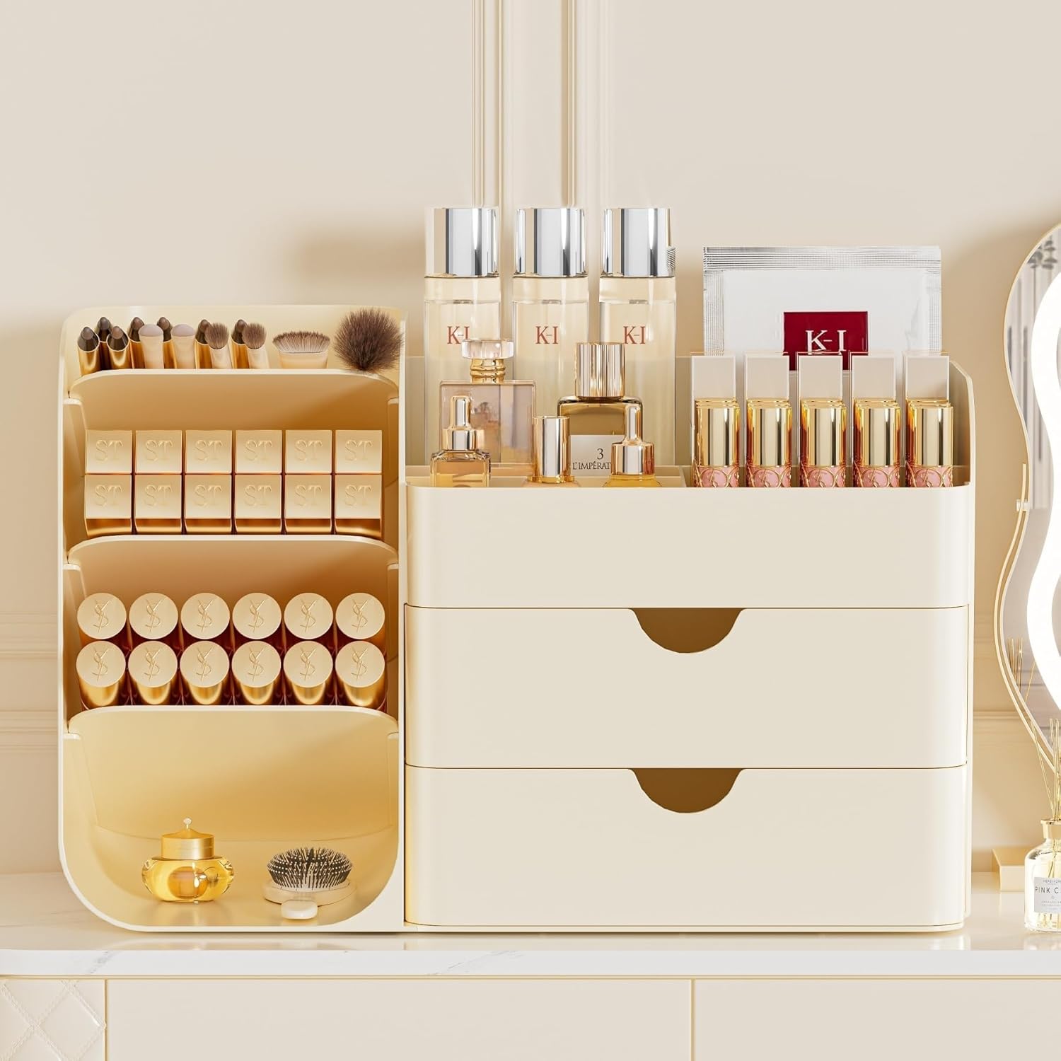 Makeup Organizer with Drawers,Large Capacity Countertop Organizer for Vanity,Bathroom and Bedroom Desk Cosmetics Organizer,Easy To Storage Skincare,Brushes, Eyeshadow,Lipstick (All Cream, Large)