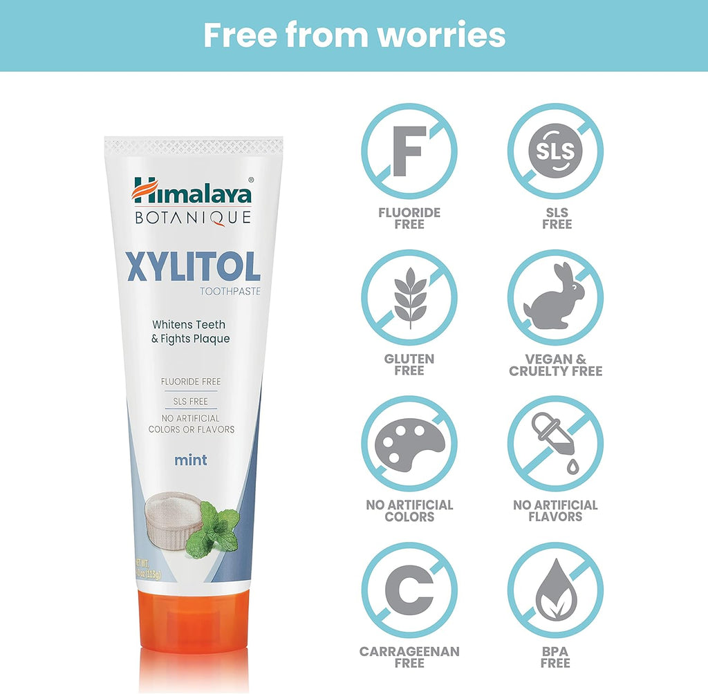 Himalaya Botanique Xylitol Toothpaste, Mint Flavor - Fluoride Free Toothpaste to Whiten Teeth, Fight Plaque and for Fresh Breath - Vegan, Gluten Free, No Artificial Flavors or Colors, 4 oz