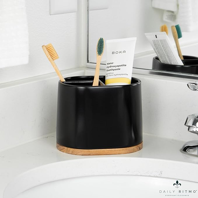 DAILY RITMO® Large Black Toothbrush Holder for Bathrooms with Bamboo Base | Modern 3 Slots Compartment White Ceramic Marble Like Toothpaste Cup for Electric and Kids Tooth Brushes