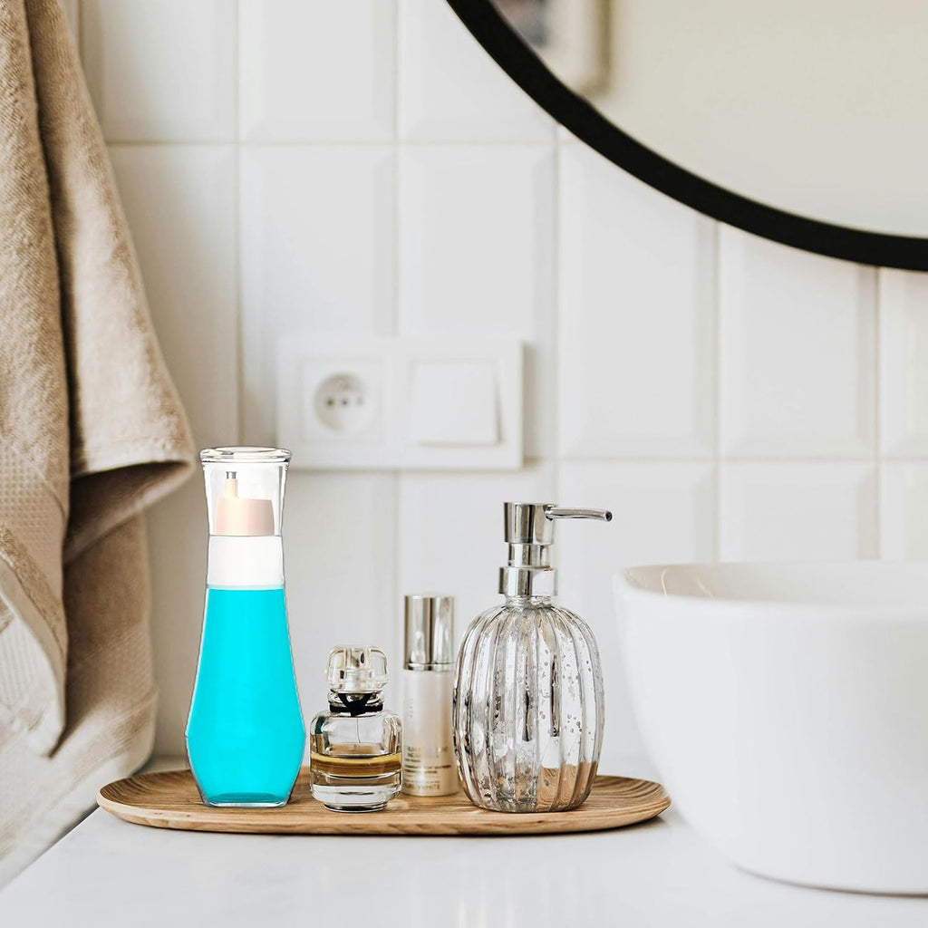 2 Pack Mouthwash Dispenser - 8.8 oz Glass Mouth Wash Container Small Refillable Mouthwash Bottle with Lid Cup for Bathroom Countertop