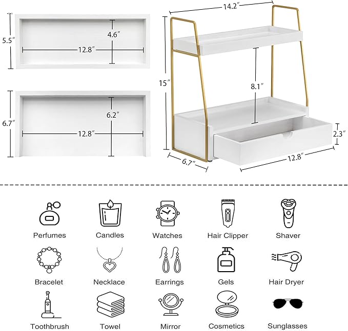 2-Tier Bathroom Organizer Countertop with Drawer, Wood Counter Organizer for Bathroom Decor, Sink Shelf for Vanity Storage, Makeup Tray for Perfume Skincare Bedroom Kitchen Corner