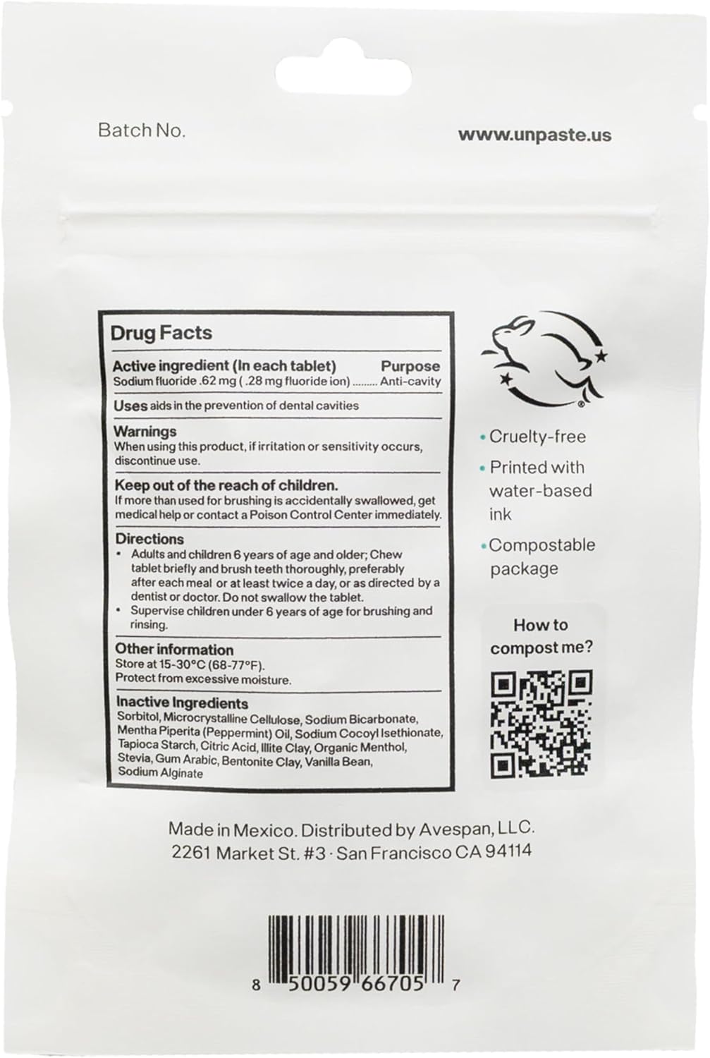 Unpaste Toothpaste Tablets, New Formula, Fluoride Mint, Xylitol Free, Vegan, Plastic Free, Travel-Friendly, Resealable Packet, 250ct, 4 Month Supply